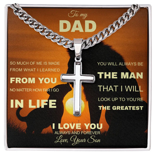 Gift for Dad Necklace with silver cross pendant on chain in a heartfelt message gift box