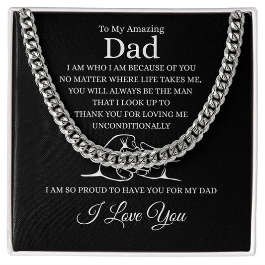 Gift for Dad Necklace with silver chain and heartfelt message on black background by ShineOn Fulfillment
