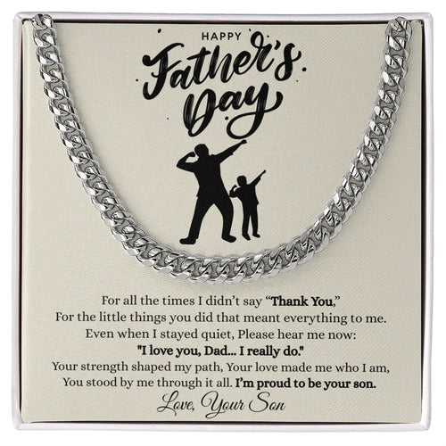 Gift for Dad Necklace silver chain with Father’s Day message from son in decorative box by Someone Said Gift