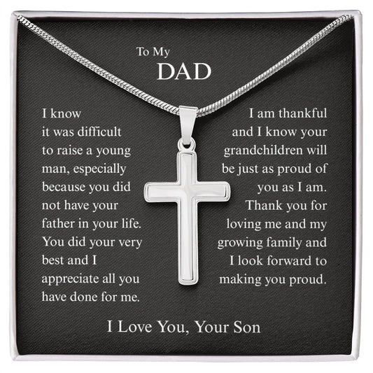 Gift for Dad Necklace sterling silver cross pendant with heartfelt message from son in black presentation box
