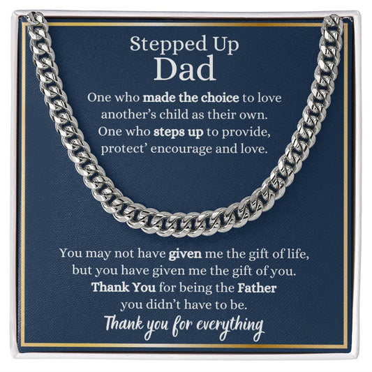 Gift for Dad Necklace silver chain on a blue card with heartfelt stepped up dad message