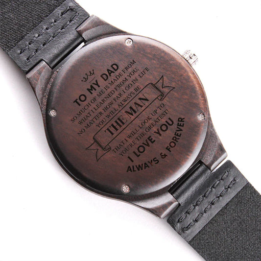 Gift for Dad Wooden Watch with engraved heartfelt message on dark wooden back and black leather strap