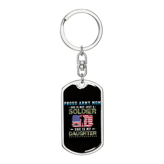 Gift for Daughter Dog Tag Keychain with Proud Army Mom design and American flag graphic
