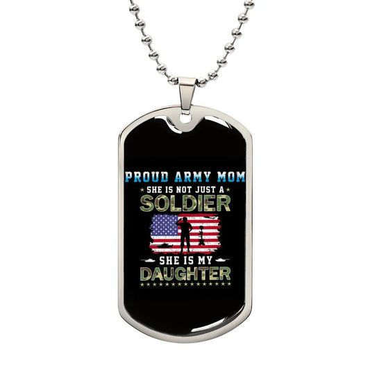 Gift For Daughter Dog Tag Necklace with Proud Army Mom design and American flag silhouette