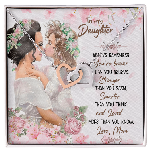Gift for Daughter Necklace with intertwined hearts and loving message from mom in floral gift box