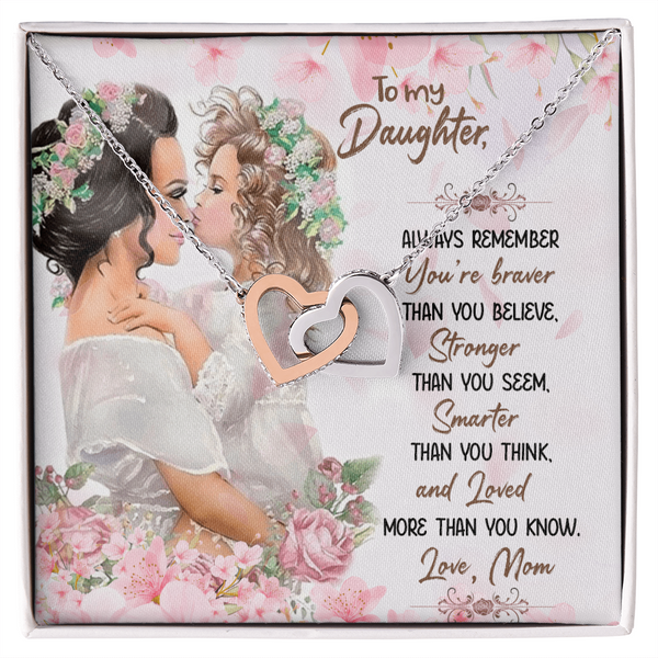 Gift for Daughter Necklace with intertwined hearts and loving message from mom in floral gift box
