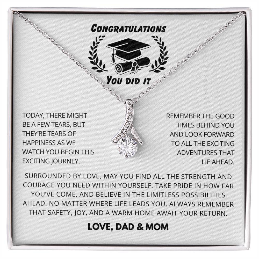 Gift for daughter Necklace with crescent pendant in silver on a congratulatory graduation message card