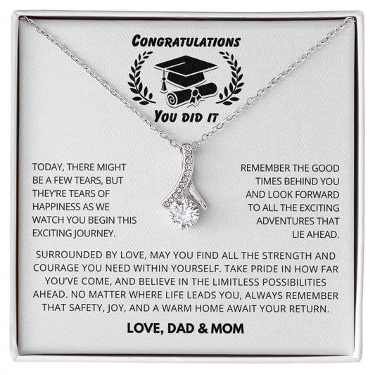 Gift for daughter Necklace with crescent pendant in silver on a congratulatory graduation message card