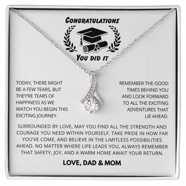 Gift for daughter Necklace with crescent pendant in silver on a congratulatory graduation message card