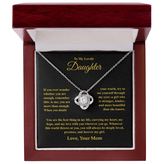 Gift For Daughter Necklace in silver with heartfelt message from mom in elegant wooden gift box