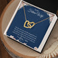 Gift for Girlfriend Necklace with two interlocking gold hearts on a chain in a blue future wife message box