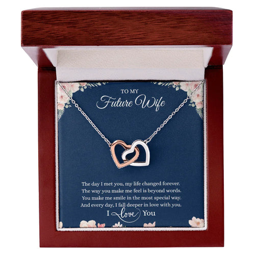 Gift for Girlfriend Necklace with interlocking hearts in rose and silver tones in a wooden box