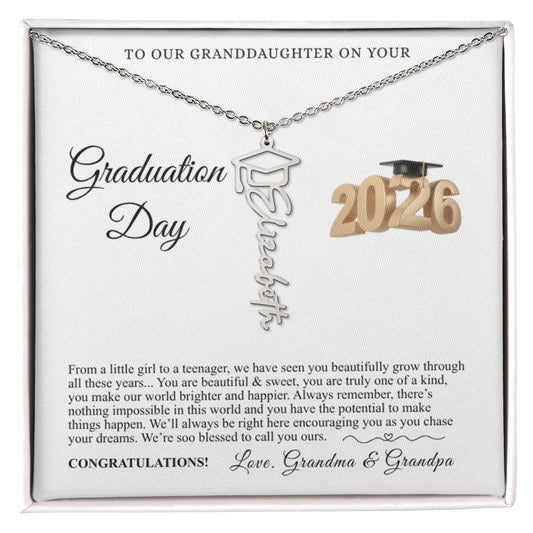 Gift for Granddaughter Graduation Necklace with silver script pendant and graduation cap on chain