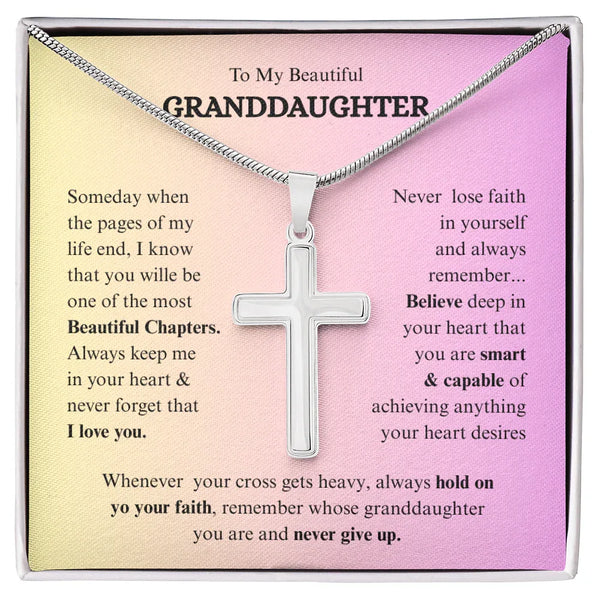"Never lose faith in yourself..." Engraved Artisan Cross Necklace - Gift for Granddaughter