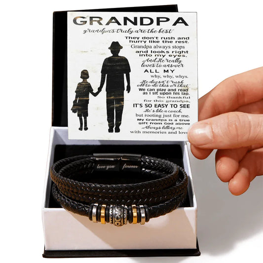 Gift for Grandfather Bracelet black braided leather with metal accents in a white gift box
