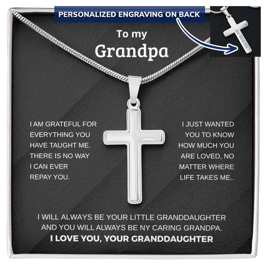 Gift for Grandfather Necklace silver cross pendant with personalized engraving on back in black gift box