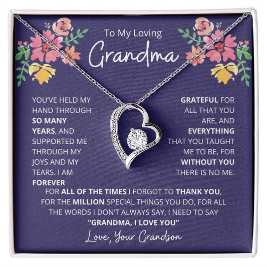 Gift for Grandmother Necklace with heart pendant and sentimental message from grandson in floral gift box