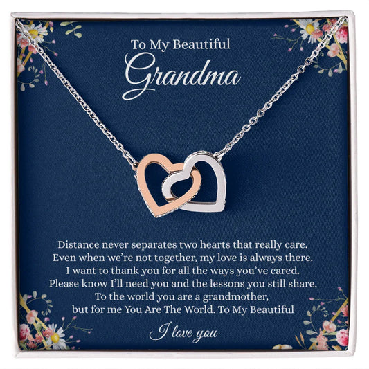 Gift for Grandmother Necklace featuring interlocking rose gold and silver hearts on a delicate chain