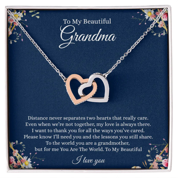 Gift for Grandmother Necklace featuring interlocking rose gold and silver hearts on a delicate chain