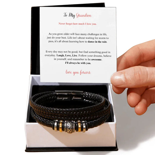 Gift for Grandson Bracelet black braided leather with metal accents in a white gift box from ShineOn Fulfillment