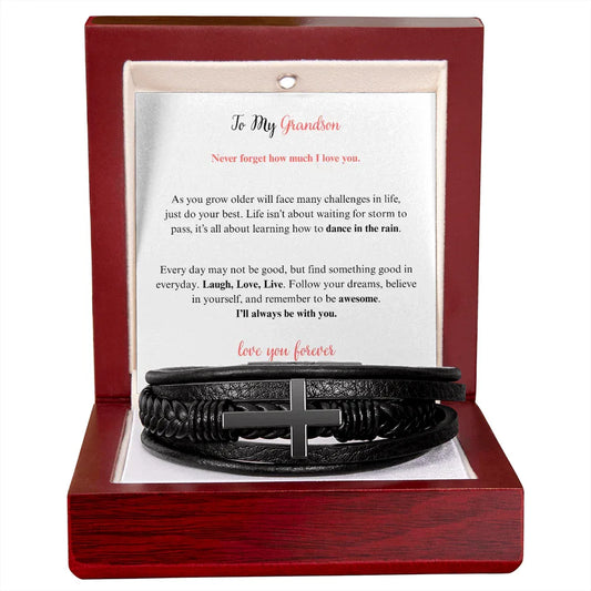 Gift for Grandson Bracelet with black leather and cross design in a wooden gift box by ShineOn Fulfillment
