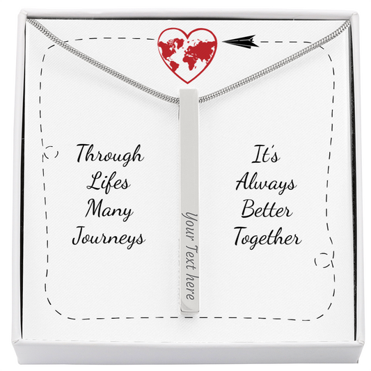 Gift for her or him necklace from Someone Said Gift with customizable vertical bar pendant in a travel-themed gift box