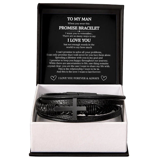 Gift for Him Bracelet black leather promise bracelet with cross design in black gift box