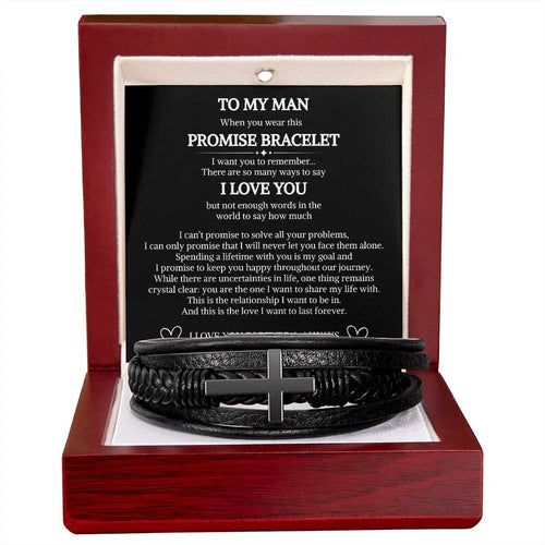 Gift for Him Bracelet black leather promise bracelet with cross in wooden display box from ShineOn Fulfillment