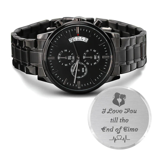 Gift for Him Chronograph Watch with black metal band and custom engraved backplate by ShineOn Fulfillment