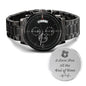 Gift for Him Chronograph Watch with black metal band and custom engraved backplate by ShineOn Fulfillment