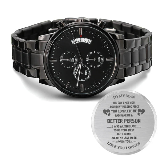 Gift for Him Chronograph Watch by ShineOn Fulfillment with black metal band and engraved backplate
