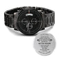 Gift for Him Chronograph Watch by ShineOn Fulfillment with black metal band and engraved backplate