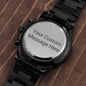 Gift for Him Chronograph Watch with black metal band and customizable engraved back plate
