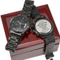Gift for Him Chronograph Watch with black stainless steel band and personalized engraved back on wooden box