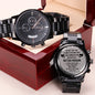 Gift for Him Chronograph Watch with black metal band and engraved sentimental message on back case