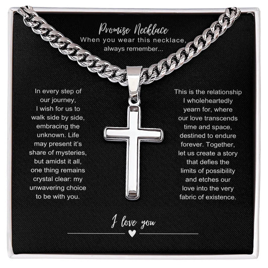 Gift for Him Cuban Chain silver cross necklace with promise message by ShineOn Fulfillment