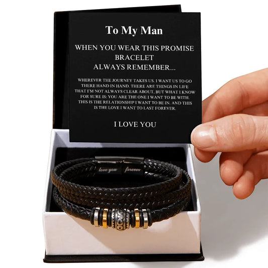 Gift for Him Love You Forever Bracelet black braided leather with gold and silver accents in ShineOn Fulfillment box