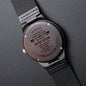Gift for Him Wooden Watch with engraved personalized message on the back and black leather strap