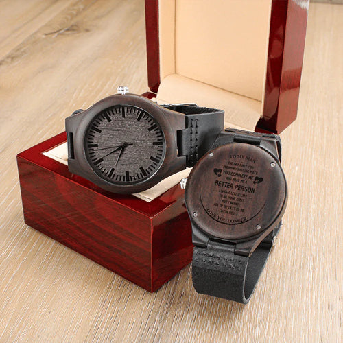 Gift for Him Wooden Watch by Someone Said Gift with engraved back and black leather band in wooden display box