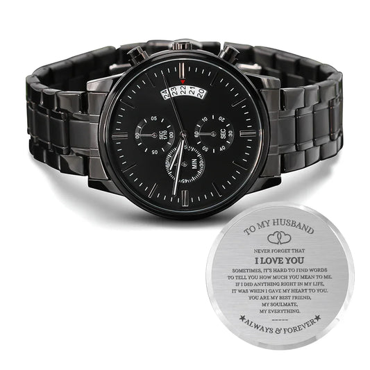 Gift for Husband Chronograph Watch by ShineOn Fulfillment with black dial and engraved message