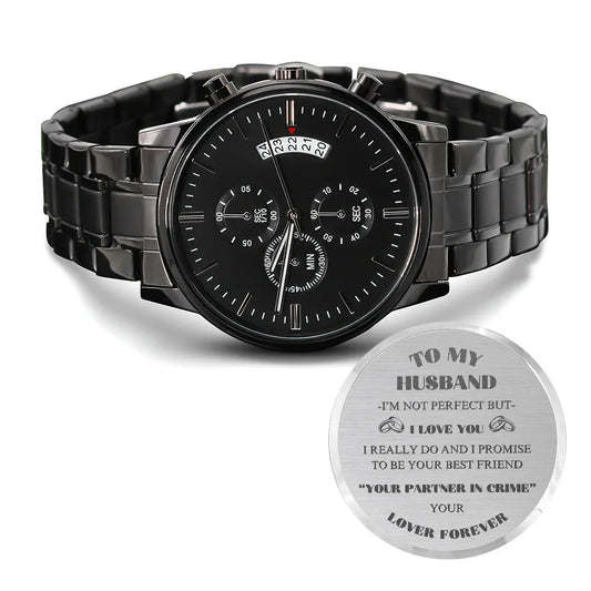Gift for Husband Chronograph Watch by ShineOn Fulfillment with black metal band and engraved message