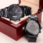 Gift for Husband Chronograph Watch with black metal band and engraved heartfelt message in wooden display box