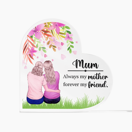 Gift for Mom Acrylic Heart with illustration of mother and daughter and loving message