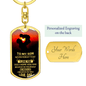 Gold dog tag keychain gift for mom and son with loving message and personalized engraving