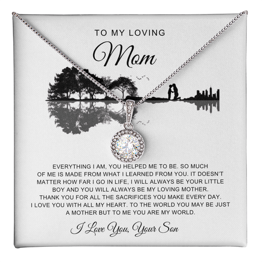 Gift for Mom Eternal Hope Necklace with sparkling pendant on a loving son message card