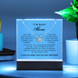 Gift for Mom Necklace Acrylic LED with engraved loving message and heart pendant on illuminated display