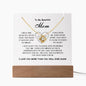 Gift for Mom Necklace Acrylic LED with gold heart pendant and love message on wooden base display