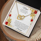 Gift for Mom Necklace with two gold interlocking hearts displayed in decorative box from ShineOn Fulfillment