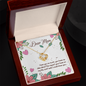 Gift for Mom Necklace in gold with sparkling pendant displayed in a wooden gift box with floral message card