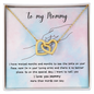 Gift for Mom Necklace with two intertwined gold hearts on a love message card